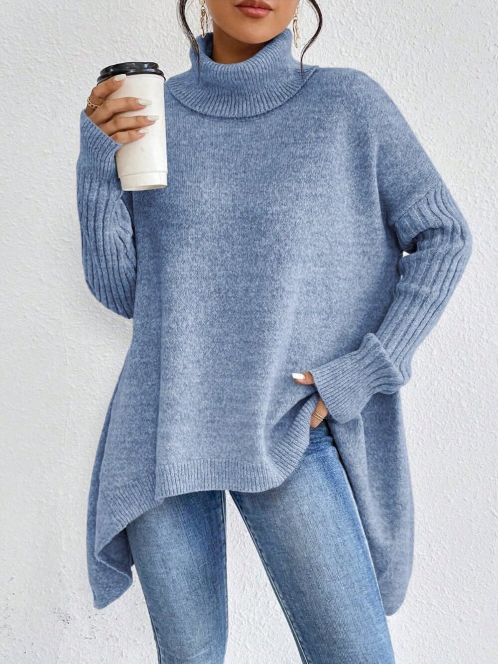 Blue Casual Women's Asymmetrical Hem High Neck Long Sleeve Pullover Sweater